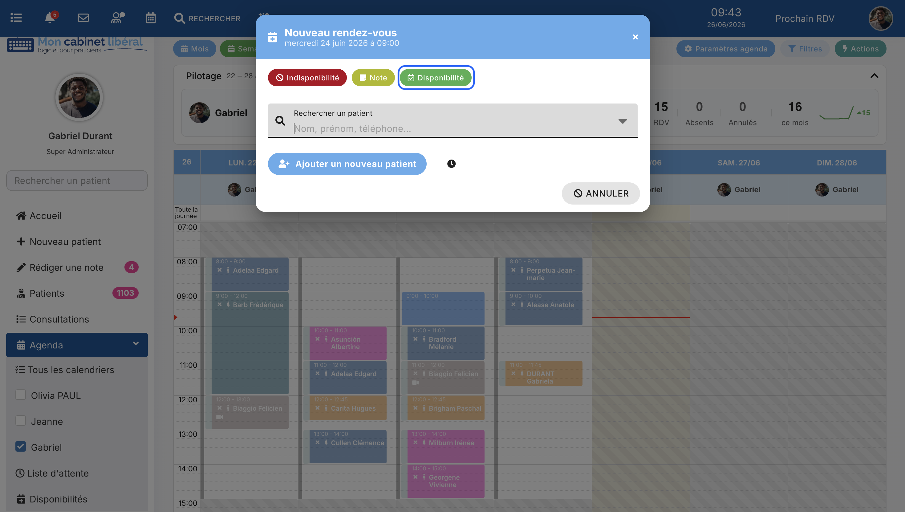 Création d'une disponibilité depuis l'agenda