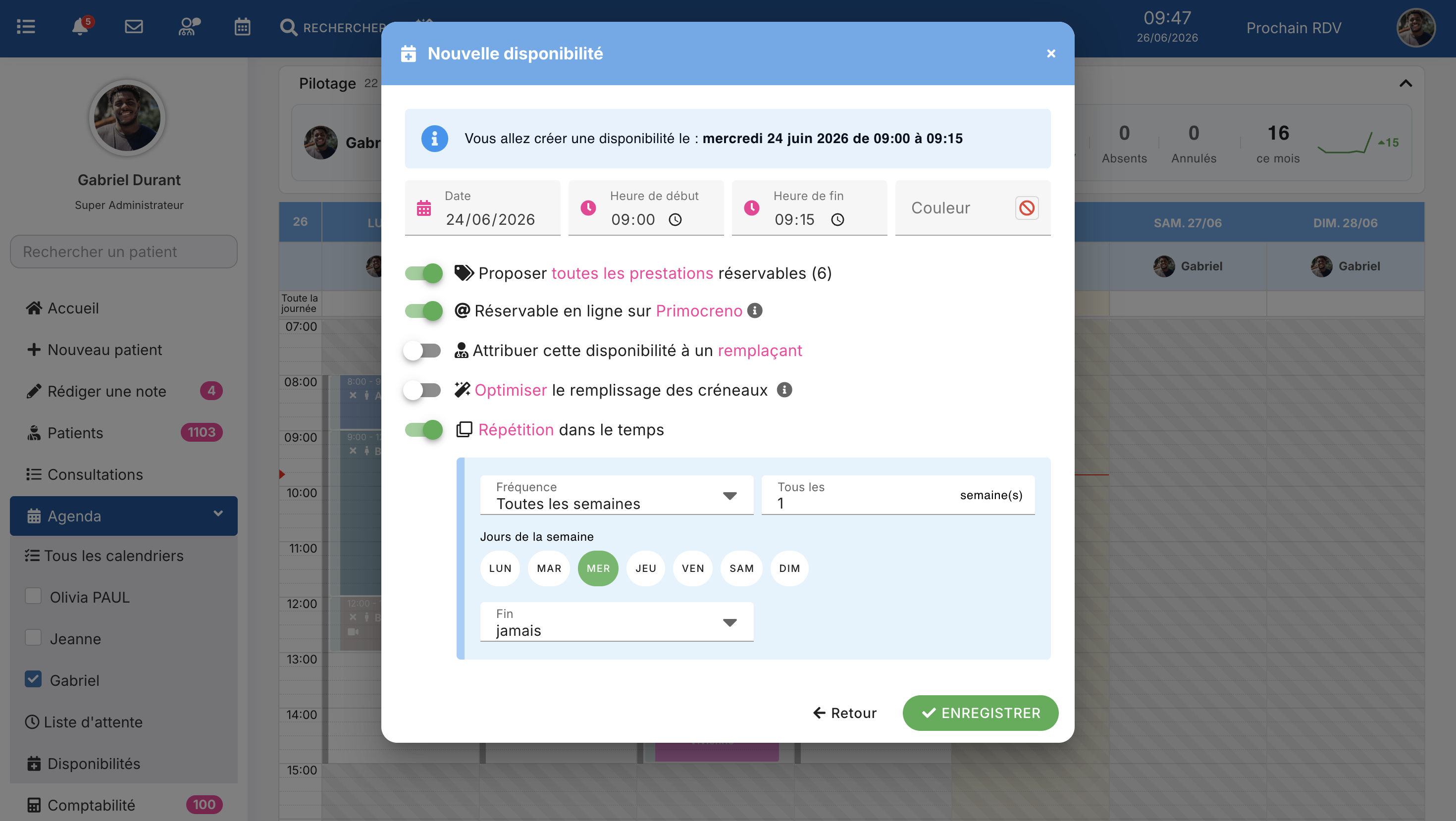 Configuration d'une nouvelle disponibilité